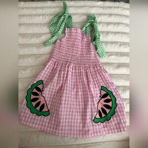 Pink Gingham Tie-Shoulder Sundress with Watermelon Appliqués